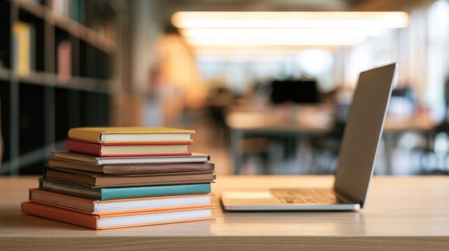 A stack of colorful books sits beside a laptop on a wooden desk