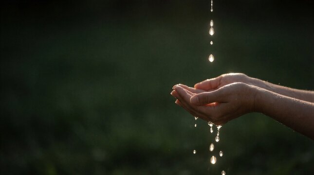 A person&rsquo;s hands held out to catch falling water droplets in a dark setting