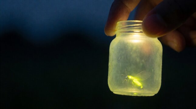 A hand holding a small glass jar containing a glowing firefly at night