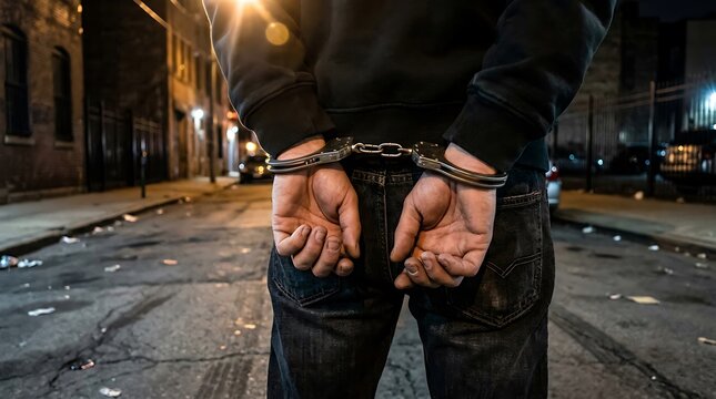 Person in handcuffs arrested on a dark city street at night.