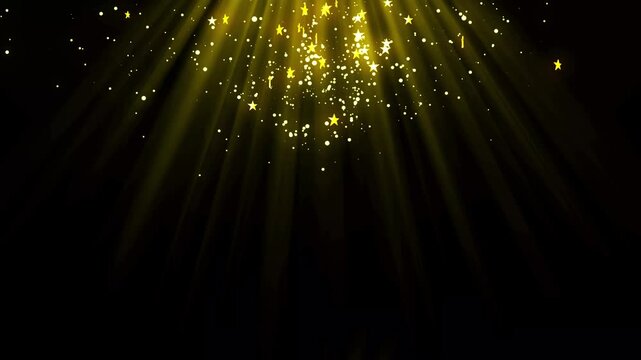Golden shimmering glitter light tail particles rising upwards on black background, sparkling shining with glare effect, waterfalls of golden glitter abstract motion background, 4K