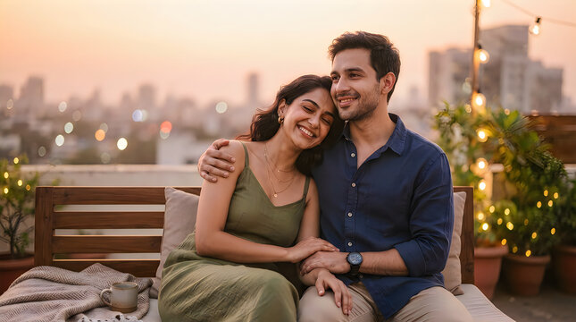 Couple hugging at sunset