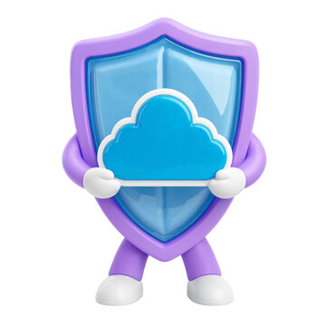 3D cartoon shield character holding a blue cloud with a white border and legs transparent background