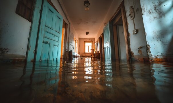 Dark, water-filled hallway of an abandoned building shows doors ajar and reflections on the submerged floor.