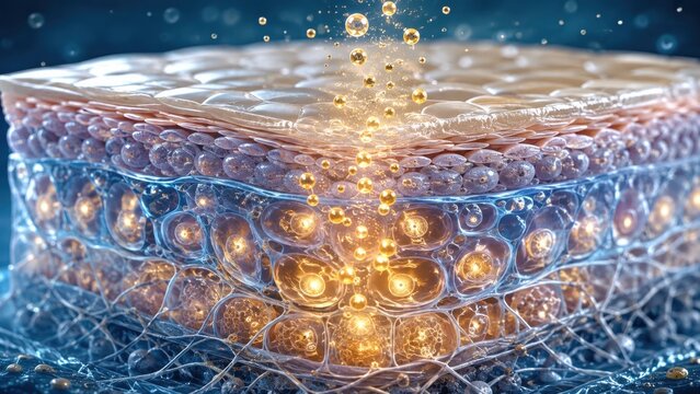 Detailed 3D illustration of human skin layers with particles penetrating and glowing cells