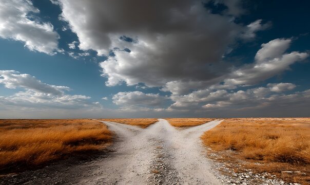 Forking dirt road leads into a vast dry landscape under a cloudy sky.
