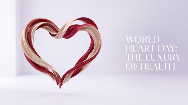 Elegant 3D twisted red and cream silk ribbons forming a heart shape for World Heart Day marketing and medical wellness campaigns.