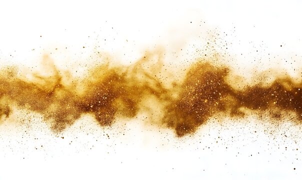 Golden sand particles and glitter explode outward in a controlled stream against a bright white backdrop.