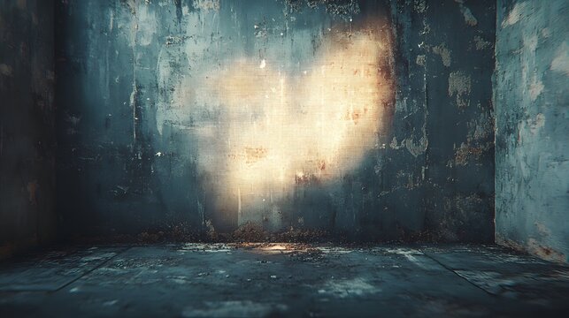 Grimy, abandoned room features a rough concrete wall illuminated by a bright, warm light source.