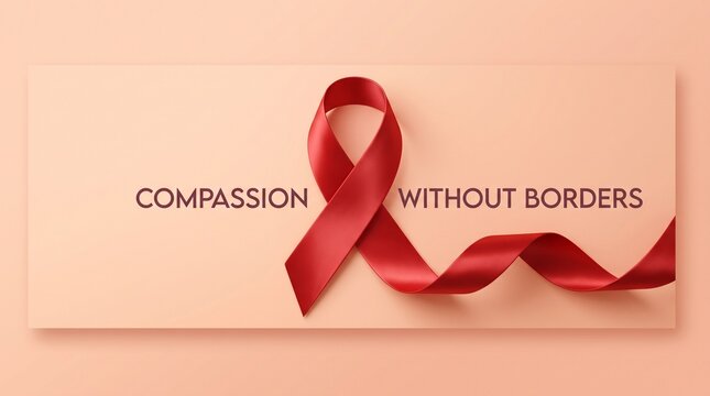 Red satin awareness ribbon with Compassion Without Borders text on peach background for humanitarian aid and healthcare campaigns