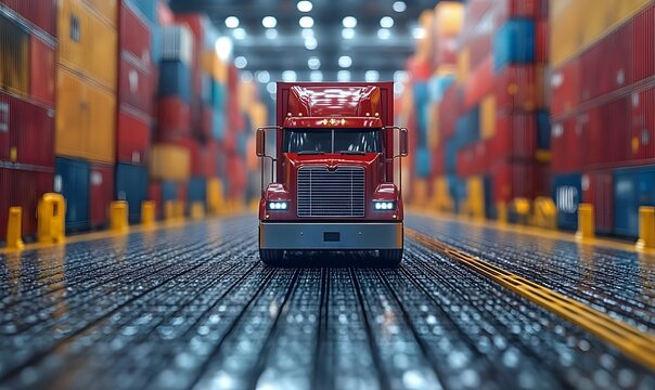 Powerful red semi-truck drives down a long, industrial hallway lined with colorful shipping containers.