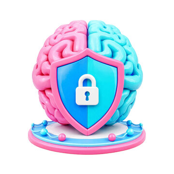 Abstract brain protected by shield with lock symbolizing security and privacy transparent background