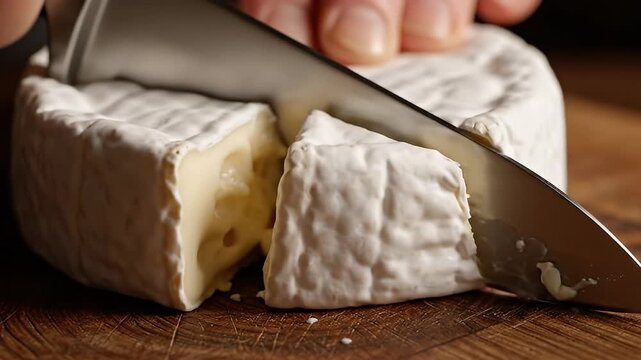 Knife slicing into a wheel of soft brie cheese.