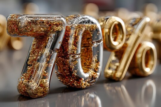 Striking 3d render of the number seventy percentage symbol made of sparkling gold and crystal.