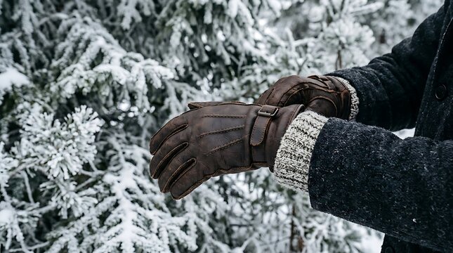 Person wearing warm leather gloves standing near snowy winter trees.