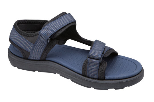 Men's navy blue and black sport sandals isolated on white background. Casual outdoor hiking strappy shoes with velcro, high angle view.