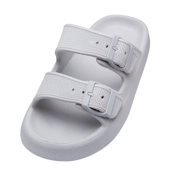 Light grey double strap platform slides isolated on white background. Double buckle foam sandals, high angle view.