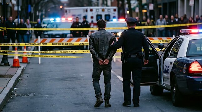 Police officer escorting handcuffed suspect at crime scene.