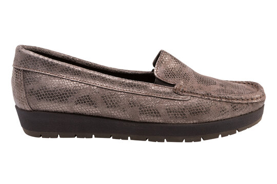 Women bronze metallic snakeskin loafers isolated on white background. Casual bronze leather wedge moccasins, side view.