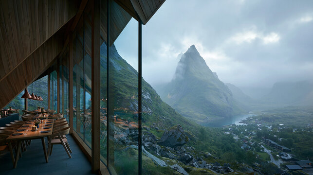 Modern Luxury Restaurant Interior with Panoramic Mountain Landscape View