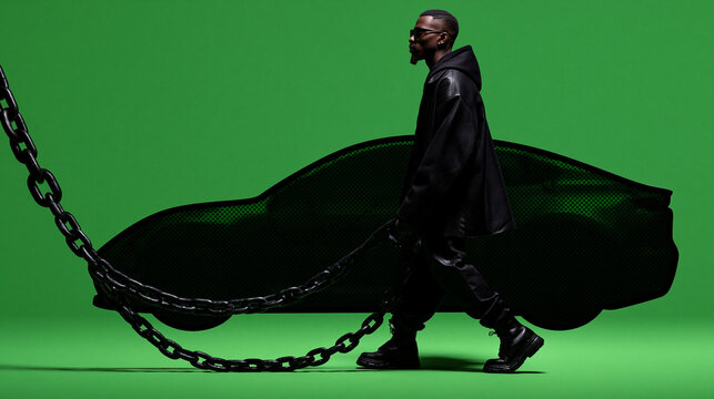 Stylish Man Pulling Car with Heavy Metal Chain