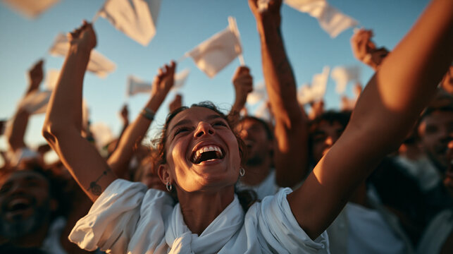 Ecstatic Young Woman Cheering with Crowd Waving White Flags