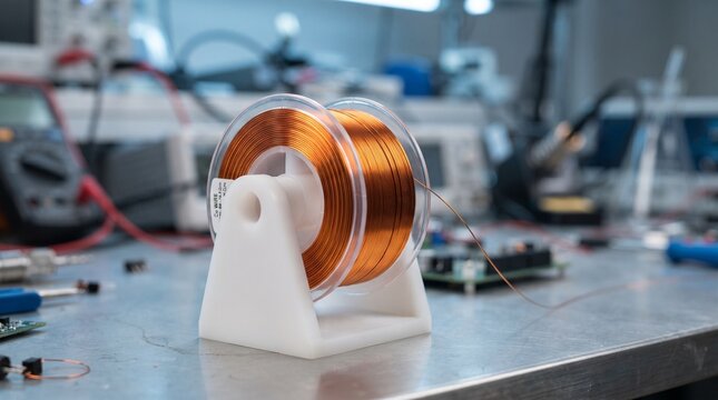 Copper wire coil on spool in electronics laboratory workstation with electronics