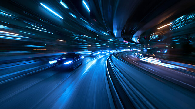 Car Driving Fast on Futuristic City Highway at Night