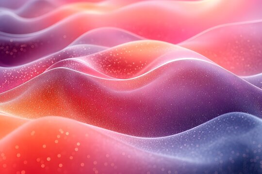 Abstract flowing landscape of undulating surfaces in soft pink, orange, and purple with scattered sparkles.