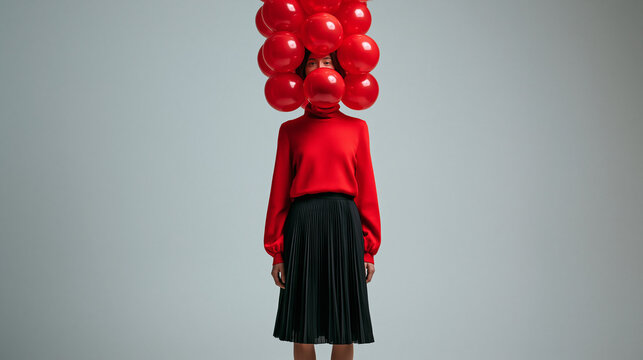 Conceptual Fashion Portrait of Woman Covered in Red Balloons