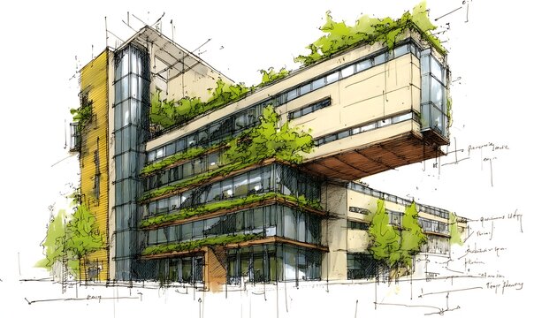 Architectural sketch of a modern building with a green roof and abundant foliage, showing sustainability.