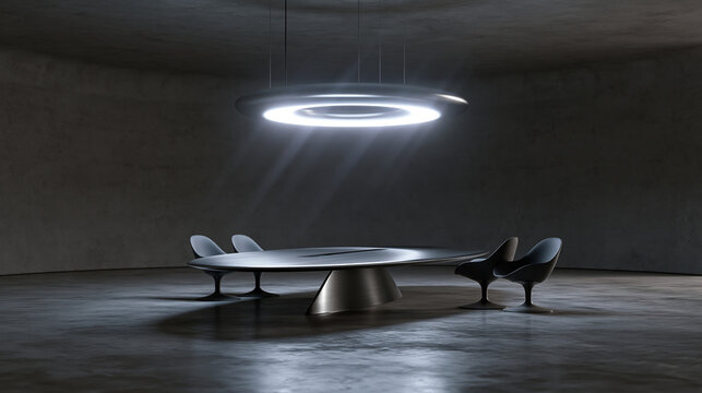 Futuristic Boardroom Interior with Oval Table and Overhead Light
