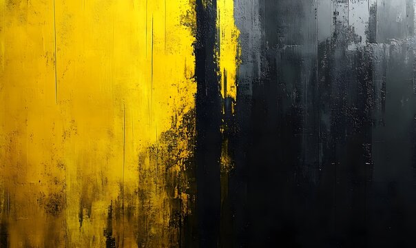Bold abstract art features a strong vertical division between vibrant yellow and rough black textures.