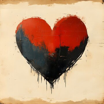 Bold, stylized heart painted in striking red and dark charcoal gray on a distressed, textured background.