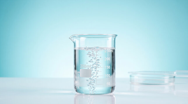 Laboratory beaker filled with clear liquid and bubbles against a soft blue background
