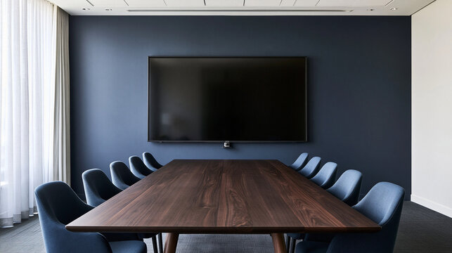 Modern Empty Boardroom Interior with Screen and Wooden Table