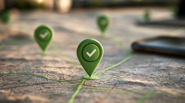 A close-up of a map with green location pins connected by a green line, symbolizing navigation and route tracking.