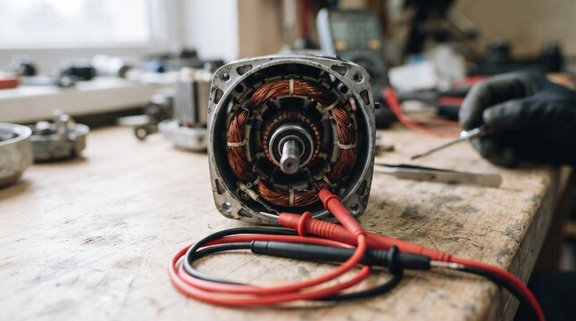 Electrician hands testing an electric motor coil windings with a multimeter
