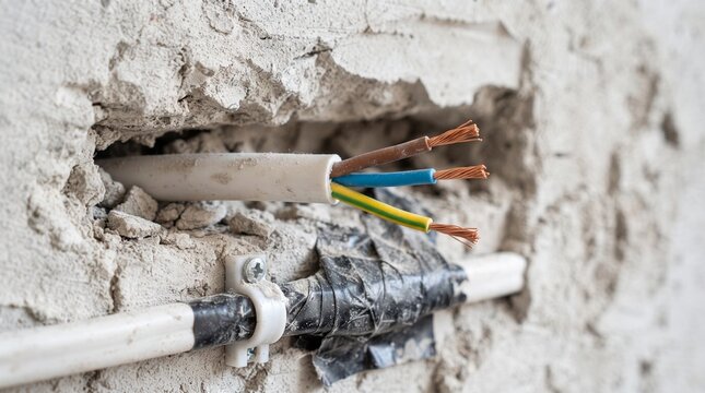 Electrical power cables exposed from broken wall during home renovation