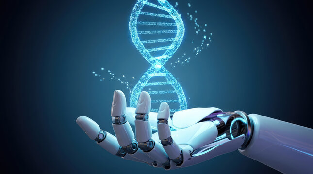 Robot Palm Holding Glowing DNA Helix Representing Artificial Intelligence, Biotechnology and Advanced Scientific Technology