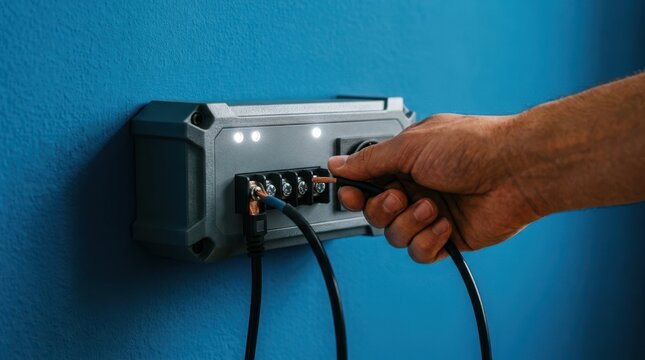 Technician connecting thick DC power cable into smart solar inverter port mounted on wall for home renewable energy management.