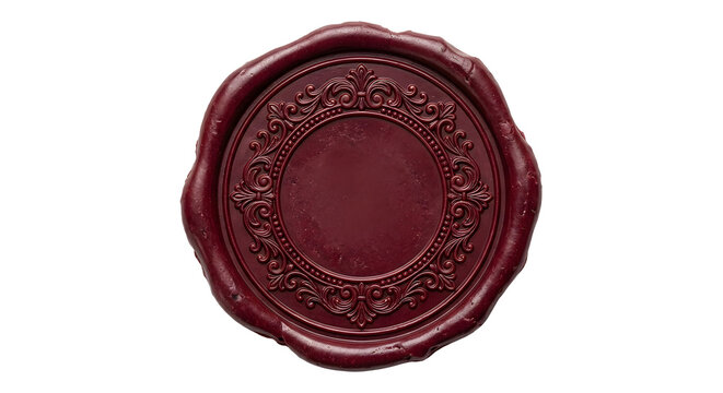 Burgundy wax seal stamp with ornate floral frame on transparent background
