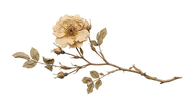 Single dried vintage rose branch with flower and buds on transparent background