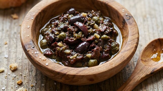 Rustic wooden bowl filled with authentic mediterranean olive tapenade spread and capers.