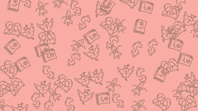 Pink background design with rocket ship, dollar sign couple, angel, and notebook patterns. Suitable for finance, business, or productivity concepts.