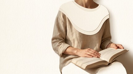 Fototapeta premium Woman in Comfortable Linen Clothing Reading a Book, Peaceful Minimalist Lifestyle Concept