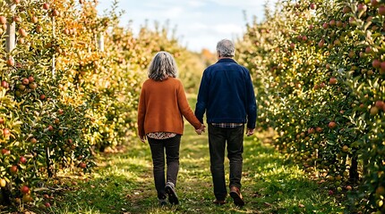 Obraz premium Senior couple walking hand in hand through a lush apple orchard in autumn.