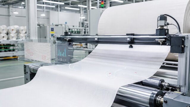 Industrial paper manufacturing machine processing a large roll of white paper in a modern factory production facility