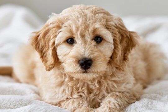 Adorable mini goldendoodle puppy posed in a clean studio setting with warm tones
