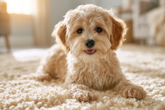 Adorable mini goldendoodle puppy indoors on a plush rug bathed in warm sunlight